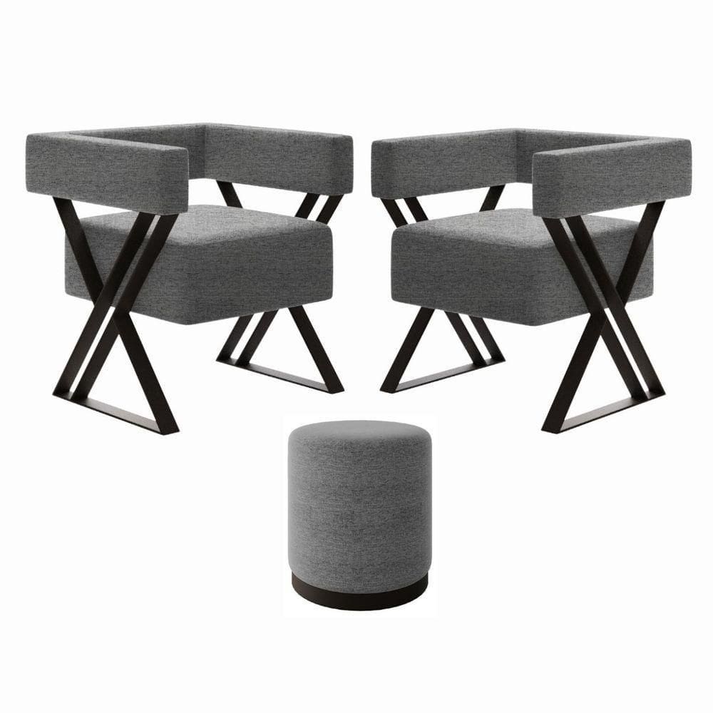 Kit 2 Poltrona E Puff Decorativo Kira Estilo Industrial Linho Cinza