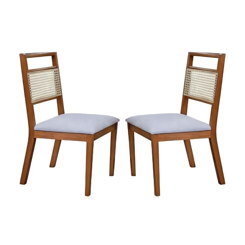 Conjunto 2 Cadeiras De Jantar Luna Com Rattan Couro Pérola Com Pés Em Madeira