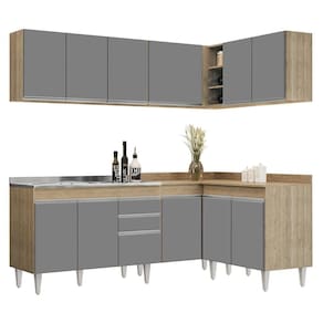 Armário De Cozinha Modulado De Canto 6 Peças Cp30 Com Pia Inox Castanho/cinza - Lumil