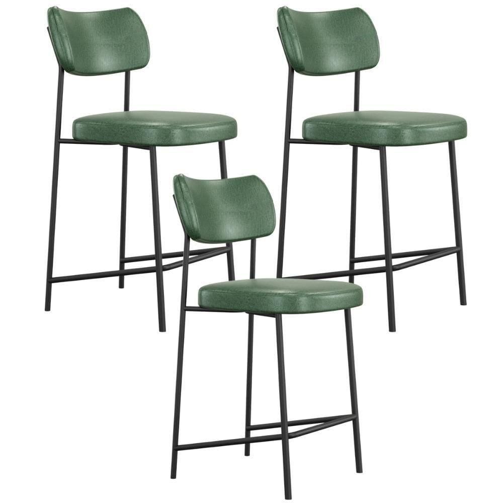 Kit 03 Banquetas Baixa Bar Cozinha Sala De Jantar Preto Melina L02 Couríssimo Verde - Lyam Decor