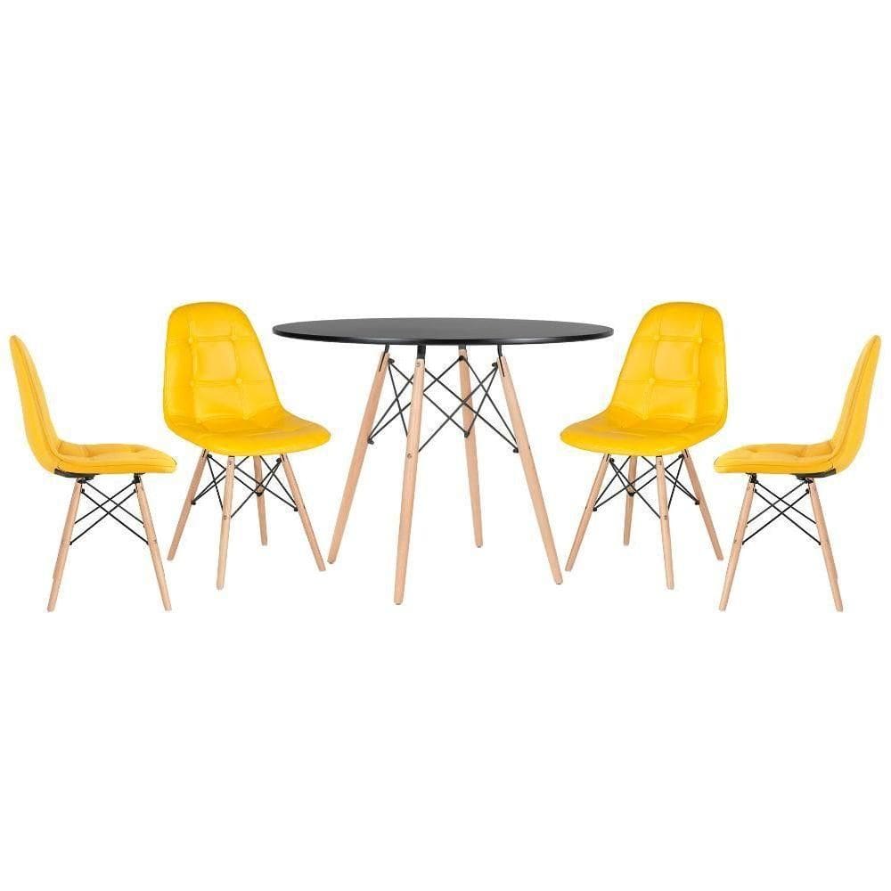 Kit - Mesa Eames 100 Cm Preto + 4 Cadeiras Botonê Amarelo Mesa Preto Com Cadeiras Amarelo