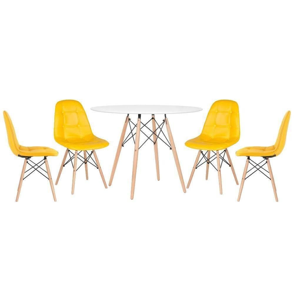 Kit - Mesa Eames 100 Cm Branco + 4 Cadeiras Botonê Amarelo Mesa Branco Com Cadeiras Amarelo