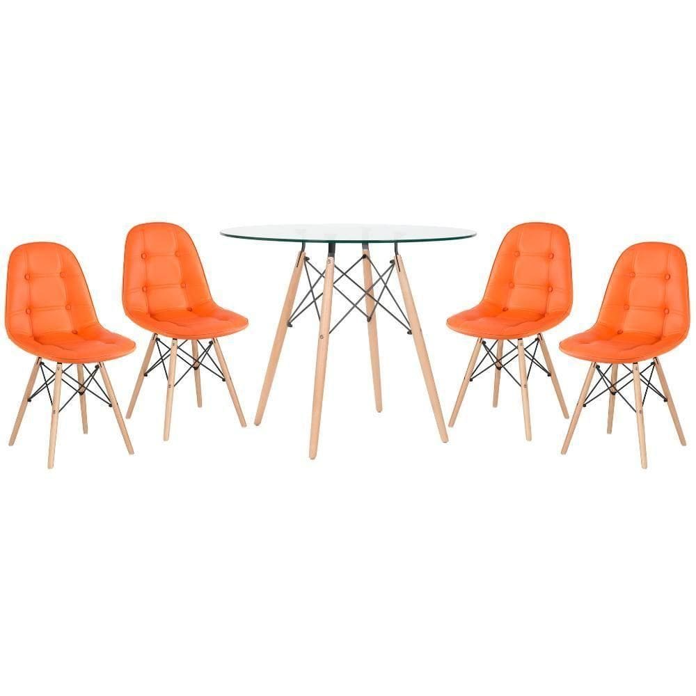 Kit - Mesa De Vidro Eames 90 Cm + 4 Cadeiras Eames Botonê Laranja Cadeiras Laranja