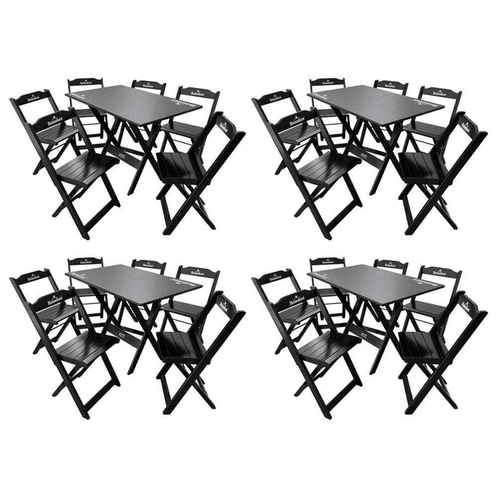 Kit 4 Conjuntos Mesa Dobrável Madeira 110x70 Com 6 Cadeiras Personalizada Hei Preta - Tarimatã
