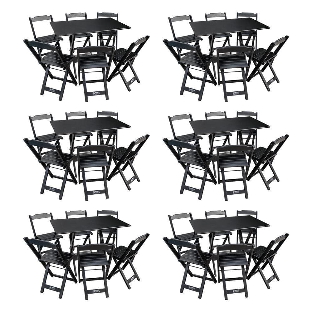 Kit 6 Conjuntos De Mesa Dobráveis De Madeira 70x110cm Com 6 Cadeiras Preta