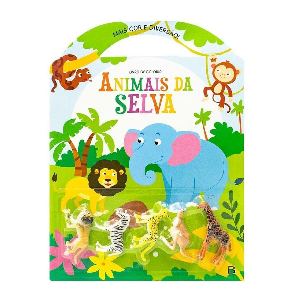 Kit Livro De Colorir +5 Mini Animais Selva +12 Lápis De Cor