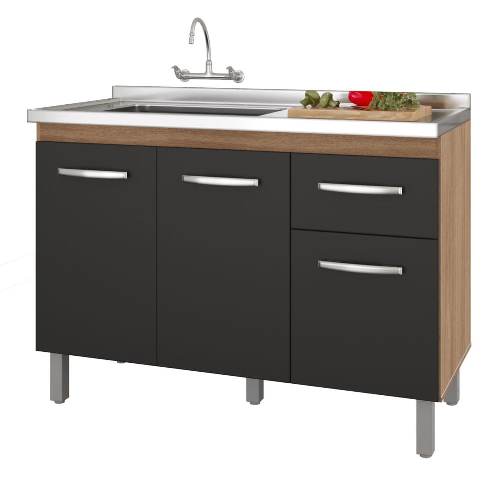 Balcão Gabinete Para Pia Anyta 118cm 03 Portas Sem Tampo Savana Preto - Abmaza