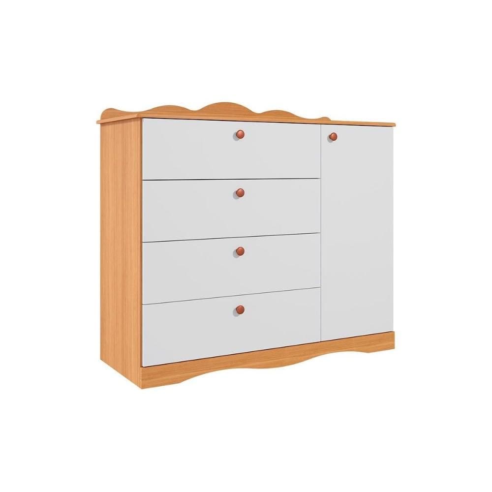 Cômoda Bebê Encanto c/ 1 Porta e 4 Gavetas Nature/Branco - Permóbili Baby