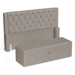 Cabeceira e Calçadeira Báu Queen Size Atena 160cm Capitonê Suede Bege - Abmaza