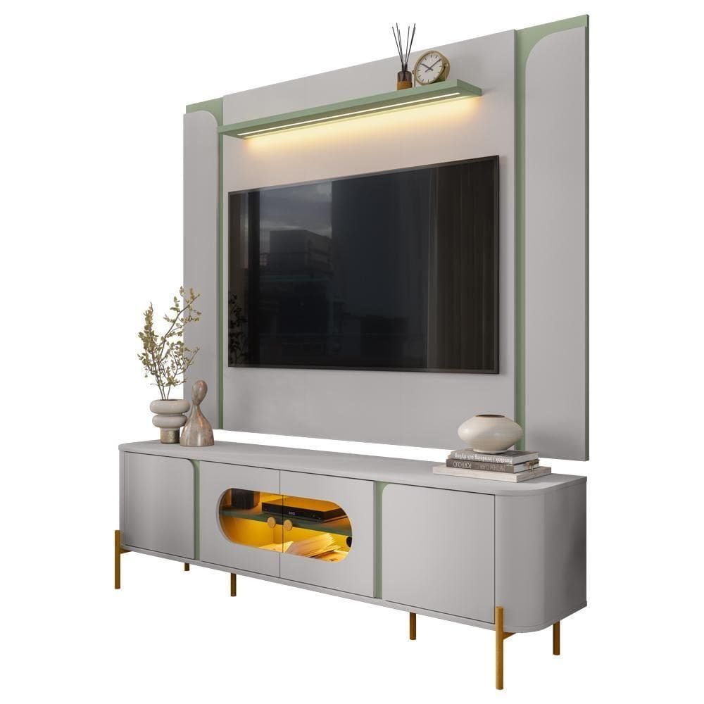 Rack Para Sala Orgânico Suy Com Painel Para 75 Pol Maresca B02 Off White Pistache - Lyam Decor