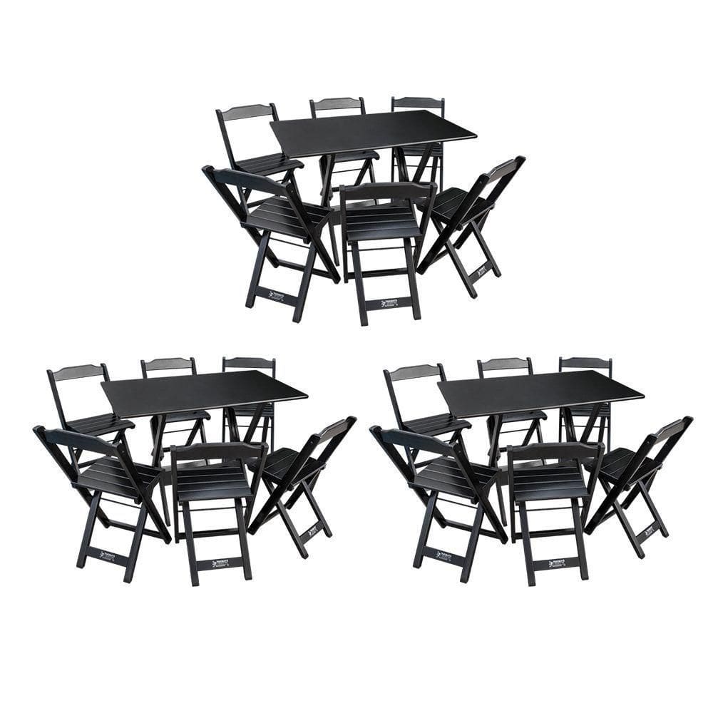 Kit 3 Conjuntos De Mesa Dobráveis De Madeira 70x110cm Com 6 Cadeiras Preta