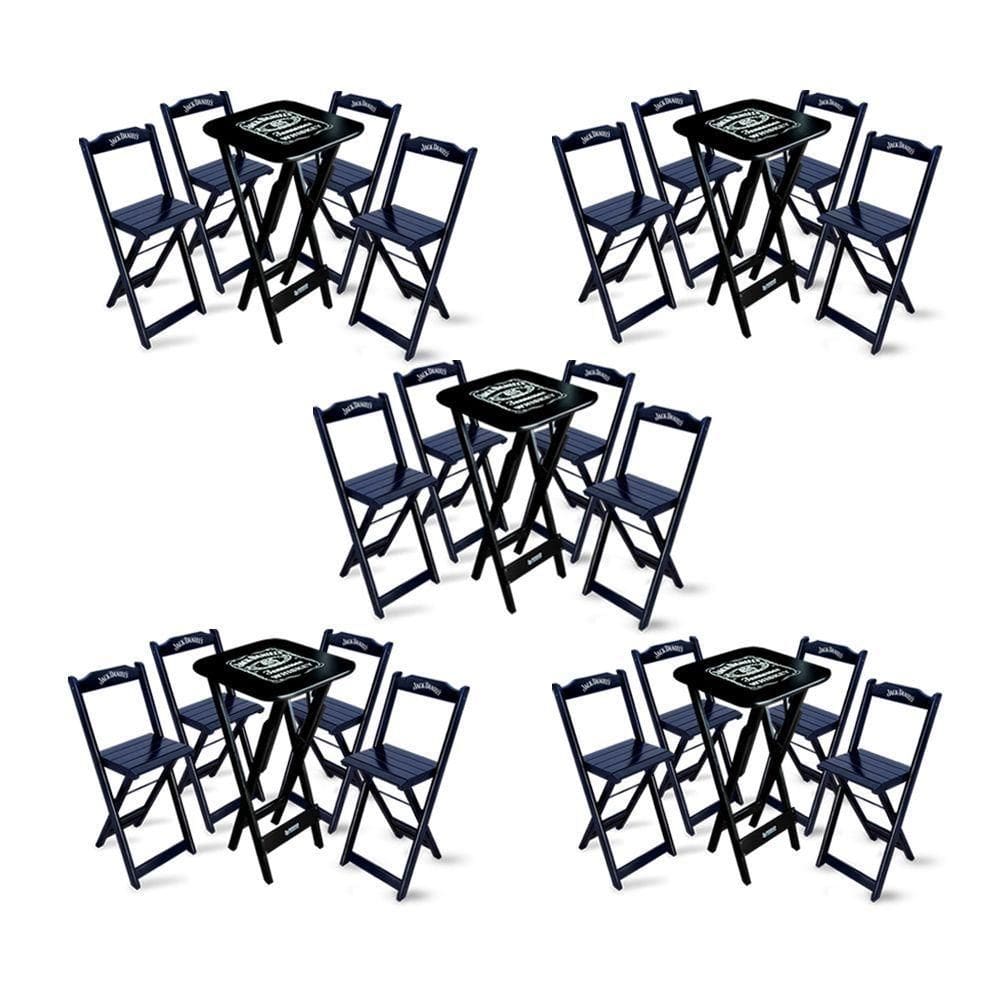 Kit 5 Conjuntos De Mesa Bistrô Dobrável Jack Daniel`s Com 4 Banquetas De Madeira Preta