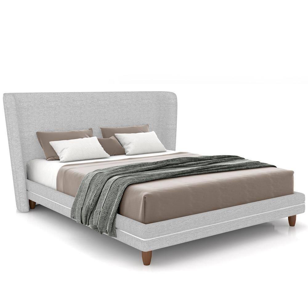 Cabeceira Casal Nilo 140cm Com Cama Pés Madeira Suném P05 Linho Cinza Claro - Lyam Decor