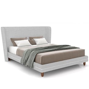 Cabeceira Casal Nilo 140cm Com Cama Pés Madeira Suném P05 Linho Cinza Claro - Lyam Decor
