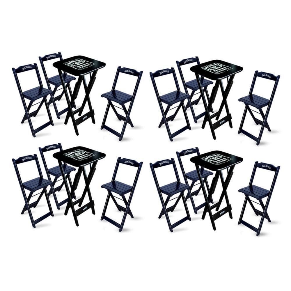 Kit 4 Conjuntos De Mesa Bistrô Dobrável Jack Daniel`s Com 3 Banquetas De Madeira Preta