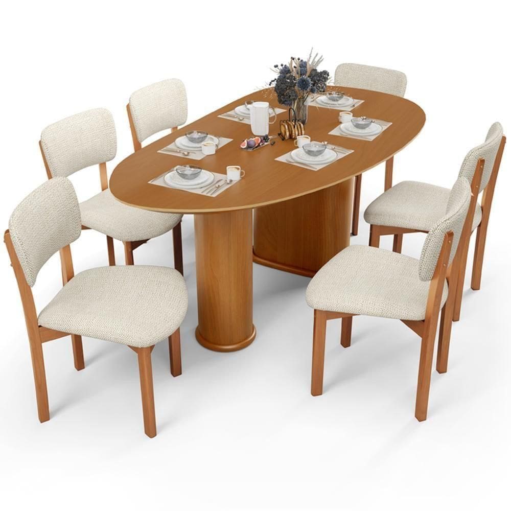 Mesa Para Sala De Jantar Ourense Com 06 Cadeiras Sala De Jantar Dara L02 Linho Champagne - Lyam Decor