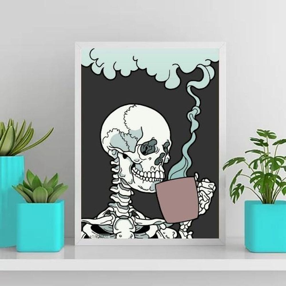Quadro Decorativo Caveira Tomando Café 33X24Cm - Branca