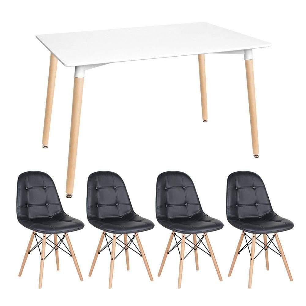 Kit - Mesa Retangular Eames 80 X 140 Cm Branco + 4 Cadeiras Botonê Preto Mesa Branco Com Cadeiras Preto