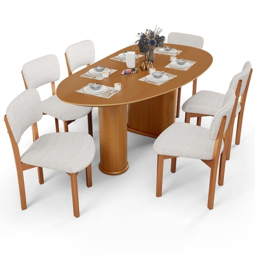 Mesa Para Sala De Jantar Ourense Com 06 Cadeiras Sala De Jantar Dara L02 Bouclê Cru - Lyam Decor