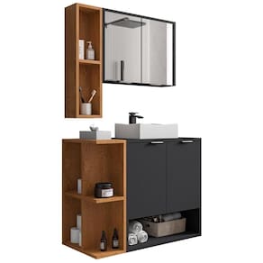 Gabinete Para Banheiro Com Cuba E Espelho Siesta B02 Preto Fosco Naturalle - Lyam Decor