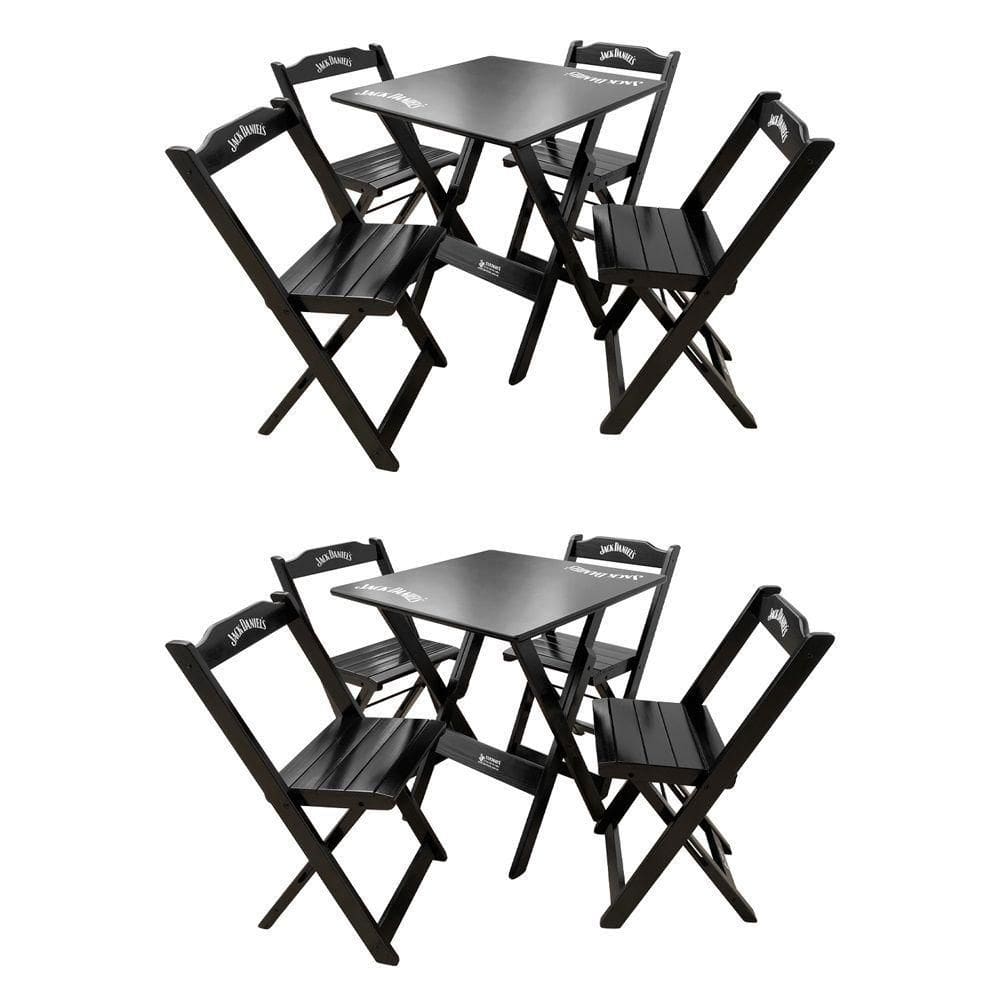 Kit 2 Conjuntos Mesa Dobrável Madeira 70x70 Com 4 Cadeiras Personalizada Jack Preta - Tarimatã