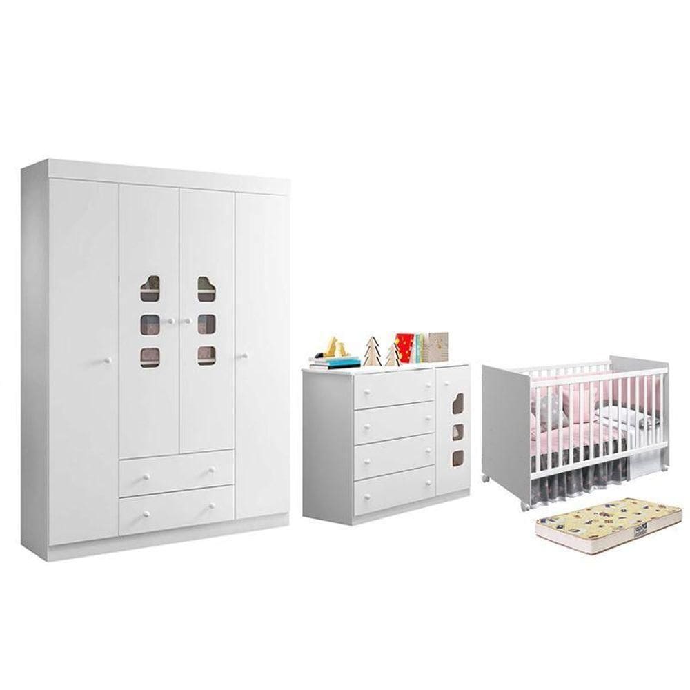Dormitório Lívia Guarda Roupa, Cômoda E Berço Tico Branco Com Colchão Supreme - Phoenix Baby Branco