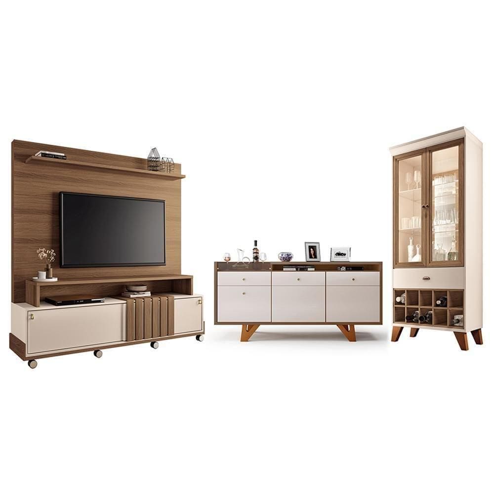 Sala De Estar Bold Com Estante, Buffet Aparador E Cristaleira Castanho-off White - Hb Móveis Castanho-off White