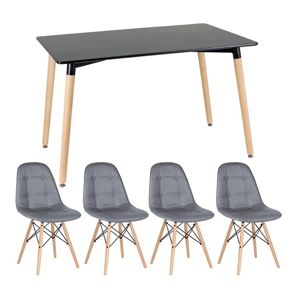 Kit - Mesa Retangular Eames 80 X 120 Cm Preto + 4 Cadeiras Botonê Cinza Escuro Mesa Preto Com Cadeiras Cinza Escuro