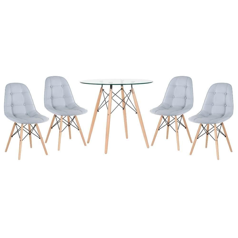Kit - Mesa De Vidro Eames 80 Cm + 4 Cadeiras Eames Botonê Cinza-claro Cinza-claro