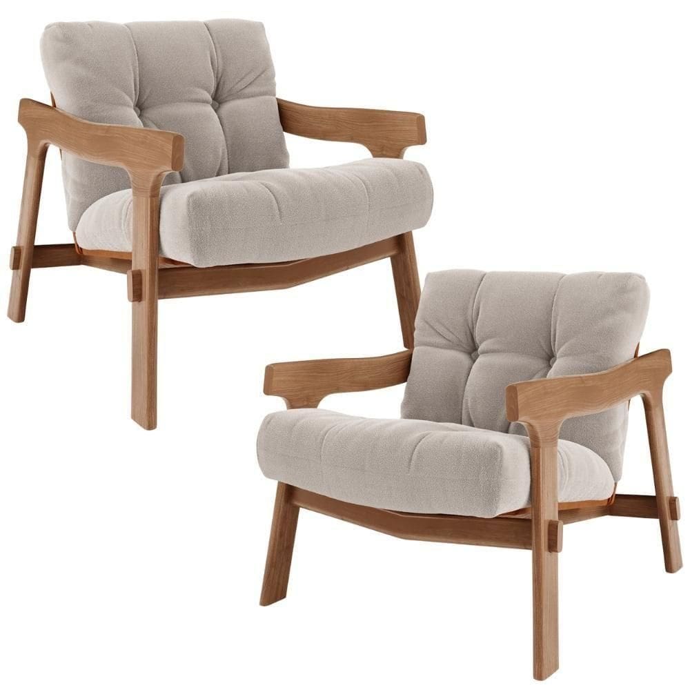 Kit 02 Poltronas Decorativa Fixa Para Sala Living Ikary L02 Canela Bouclê Bege Escuro - Lyam Decor