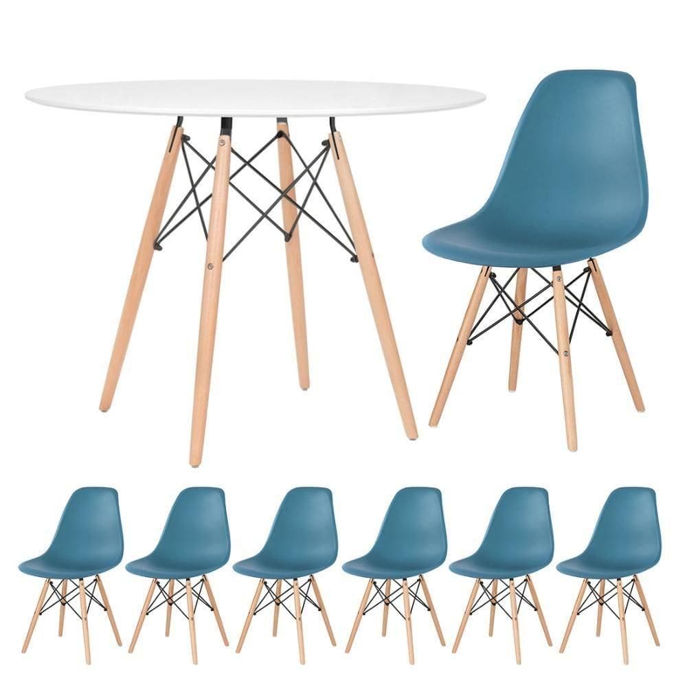 Kit - Mesa Eames 100 Cm Branco + 6 Cadeiras Eames Dsw Turquesa Mesa Branco Com Cadeiras Turquesa