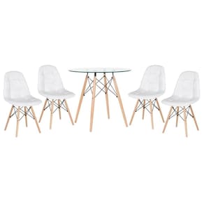 Kit - Mesa De Vidro Eames 80 Cm + 4 Cadeiras Eames Botonê Branco Branco