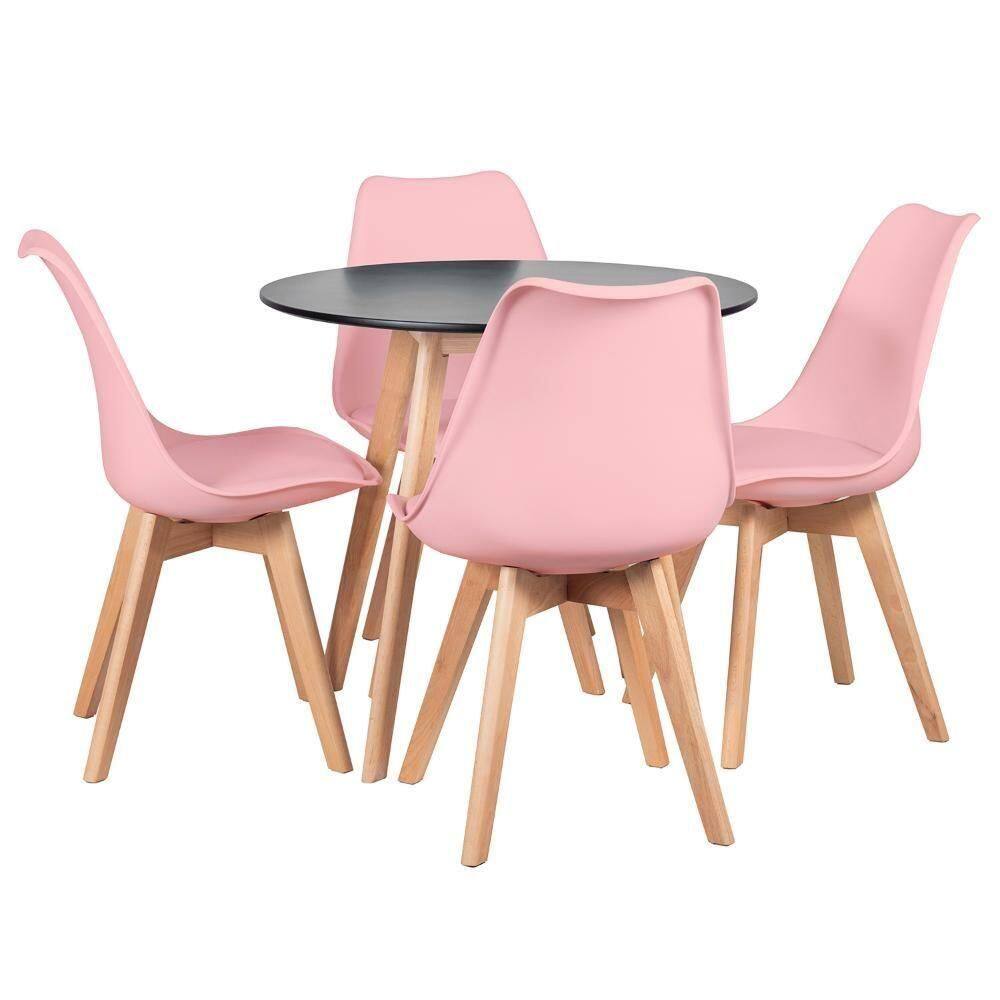 Mesa Leda 80 Cm Preto + 4 Cadeiras Leda Rosa Claro Mesa Preto Com Cadeiras Rosa Claro