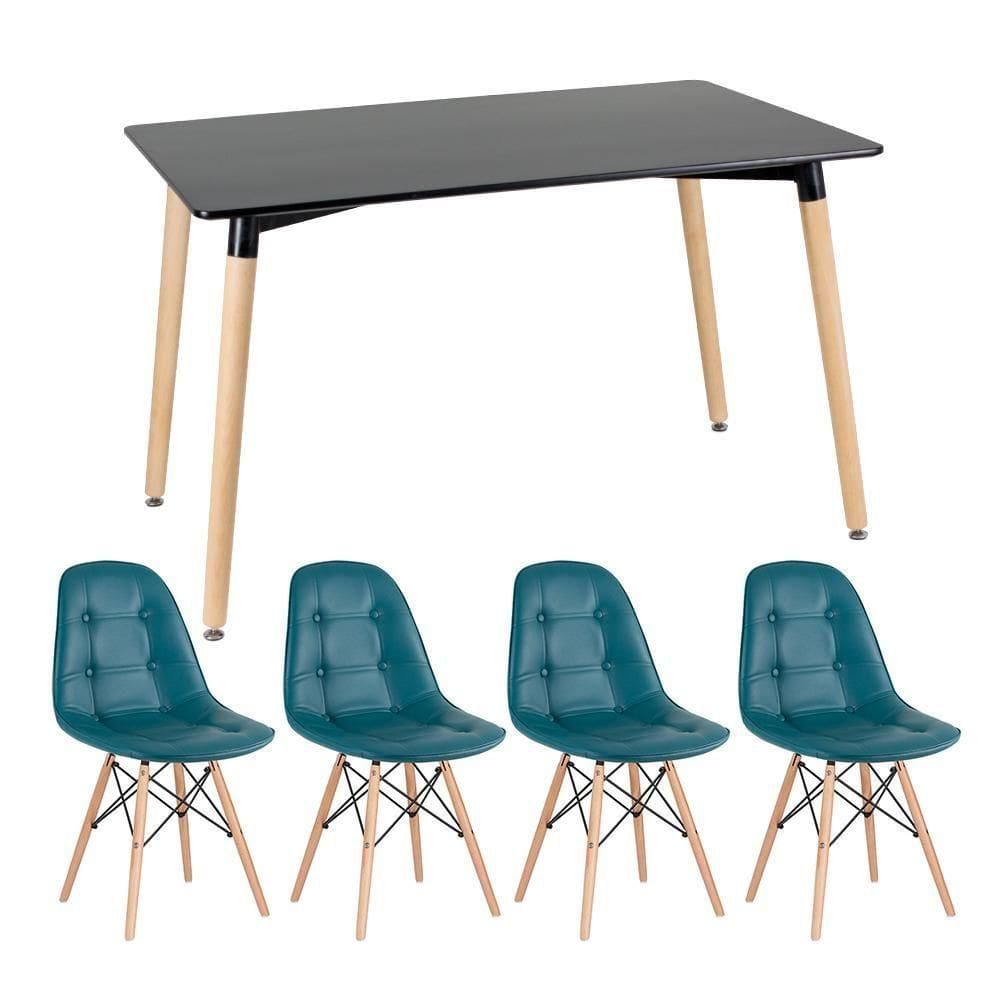 Kit - Mesa Retangular Eames 80 X 140 Cm Preto + 4 Cadeiras Botonê Turquesa Mesa Preto Com Cadeiras Turquesa