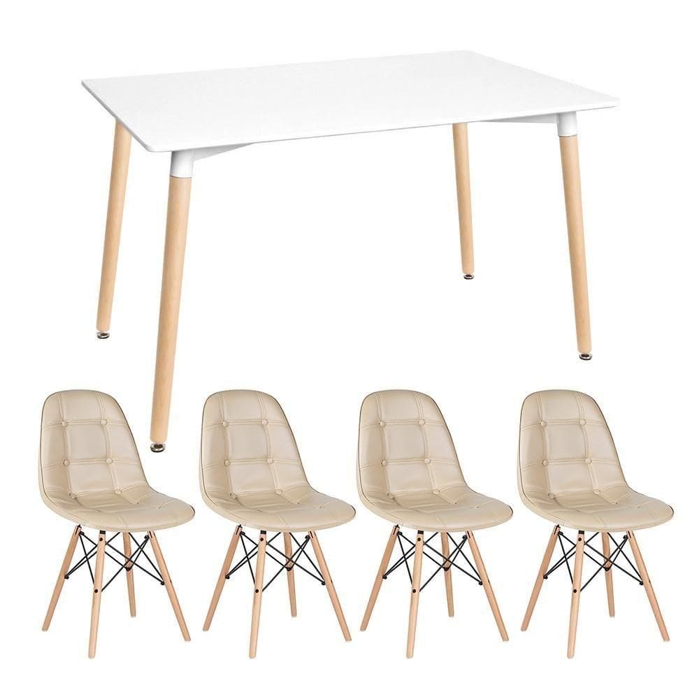 Kit - Mesa Retangular Eames 80 X 140 Cm Branco + 4 Cadeiras Botonê Nude Mesa Branco Com Cadeiras Nude