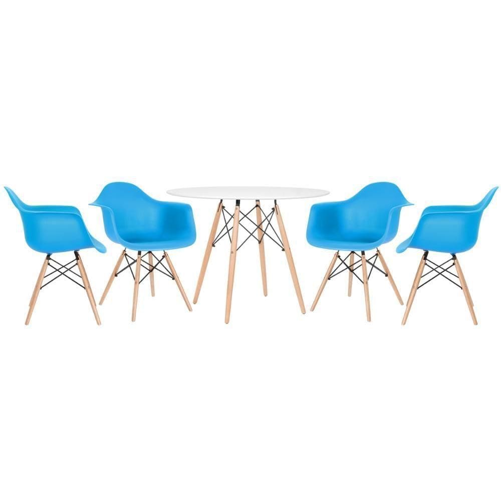 Kit - Mesa Eames 100 Cm + 4 Cadeiras Eames Daw Mesa Branco Com Cadeiras Azul Céu Mesa Branco Com Cadeiras Azul Céu