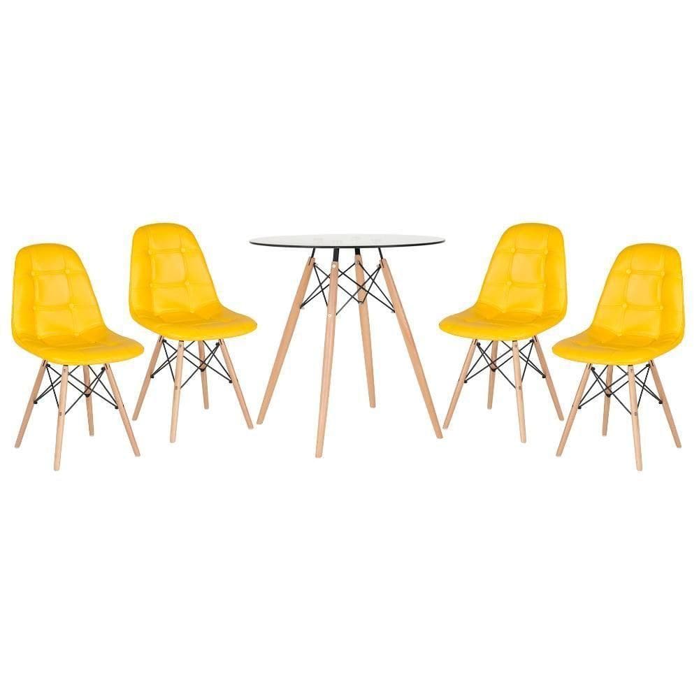 Kit - Mesa De Vidro Eames 70 Cm + 4 Cadeiras Eames Botonê Amarelo Amarelo