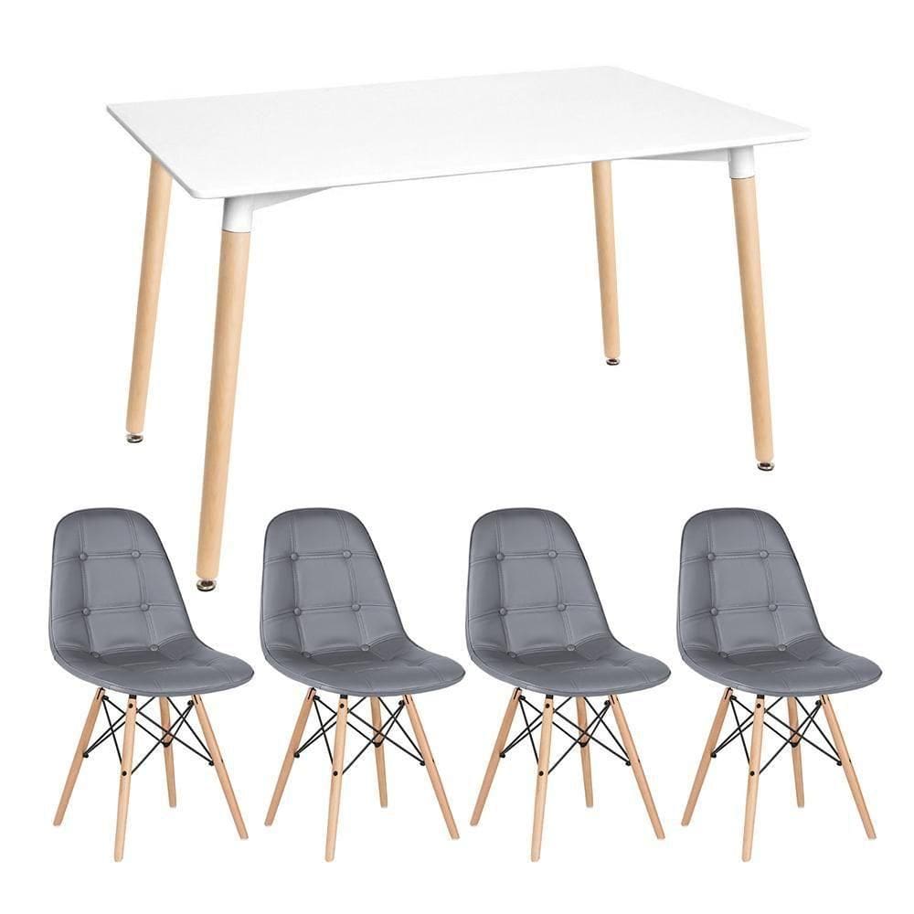 Kit - Mesa Retangular Eames 80 X 140 Cm Branco + 4 Cadeiras Botonê Cinza Escuro Mesa Branco Com Cadeiras Cinza Escuro