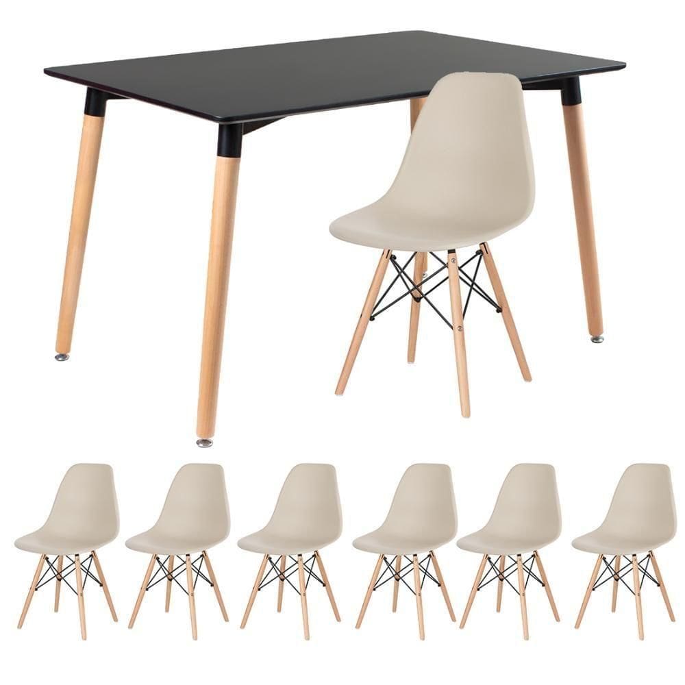 Kit - Mesa Retangular Eames 80 X 120 Cm Preto + 6 Cadeiras Dsw Nude Mesa Preto Com Cadeiras Nude