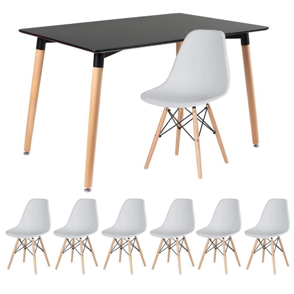 Kit - Mesa Retangular Eames 80 X 120 Cm Preto + 6 Cadeiras Dsw Cinza Claro Mesa Preto Com Cadeiras Cinza Claro