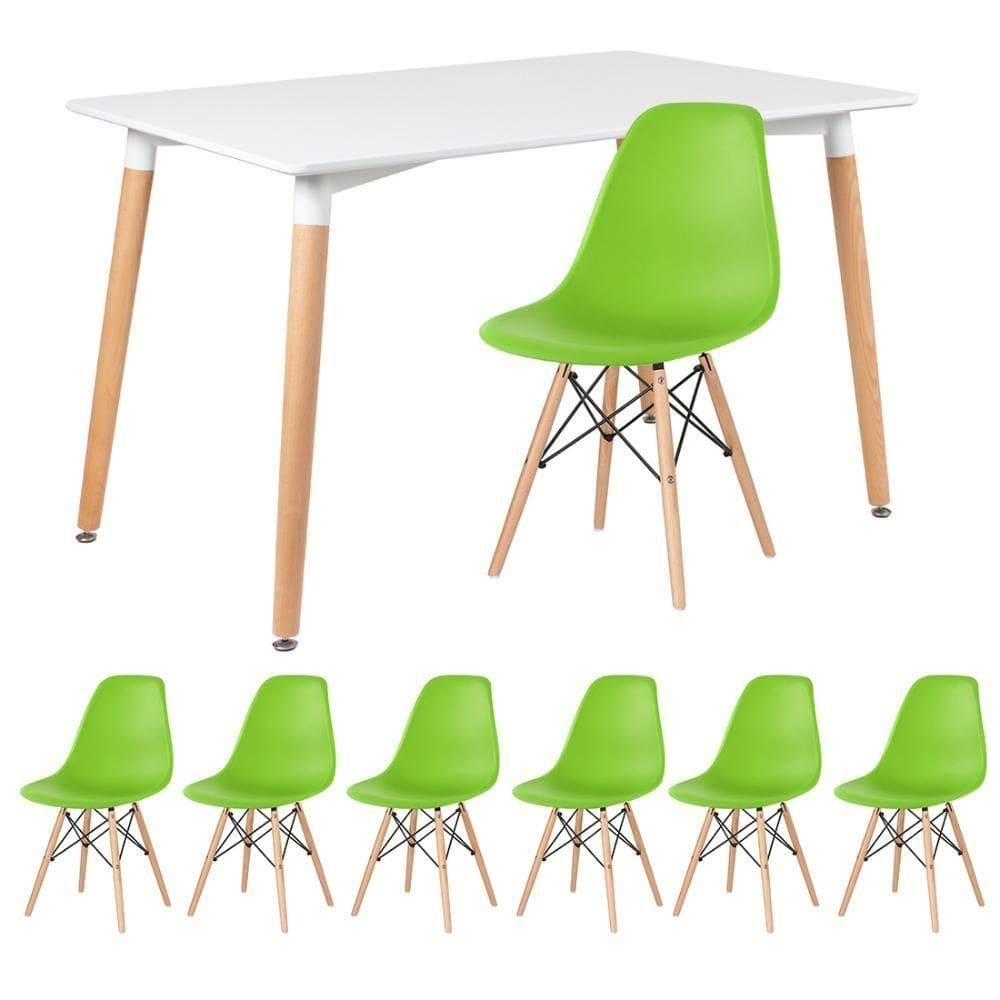 Kit - Mesa Retangular Eames 80 X 120 Cm Branco + 6 Cadeiras Dsw Verde Claro Mesa Branco Com Cadeiras Verde Claro