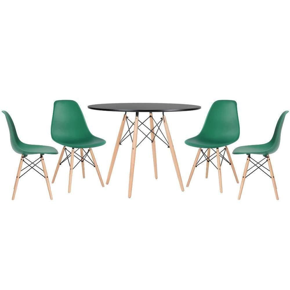 Kit - Mesa Eames 100 Cm Preto + 4 Cadeiras Eames Dsw Verde Escuro Mesa Preto Com Cadeiras Verde Escuro