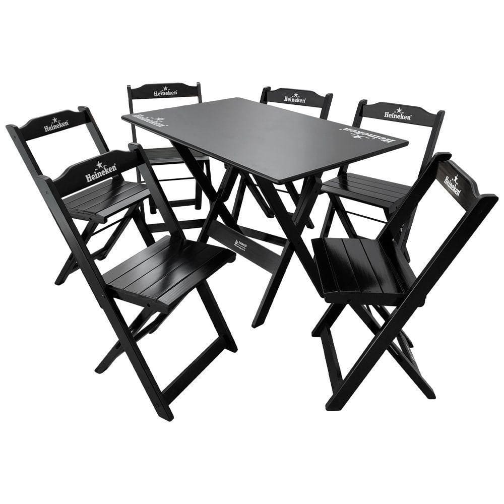 Conjunto Mesa Dobrável Madeira 110x70 Com 6 Cadeiras Personalizada Hei Preta - Tarimatã