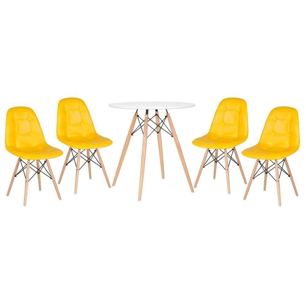 Kit - Mesa Eames 70 Cm + 4 Cadeiras Eames Botonê Mesa Branco Com Cadeiras Amarelo Mesa Branco Com Cadeiras Amarelo