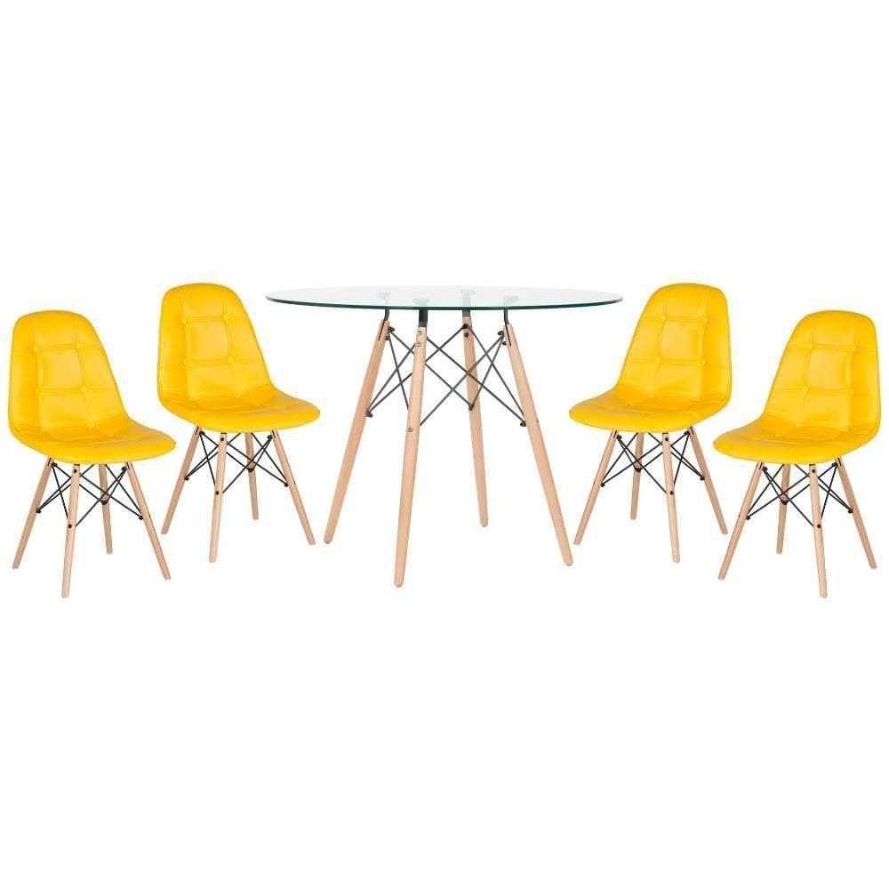 Kit - Mesa De Vidro Eames 100 Cm + 4 Cadeiras Eames Botonê Amarelo Amarelo