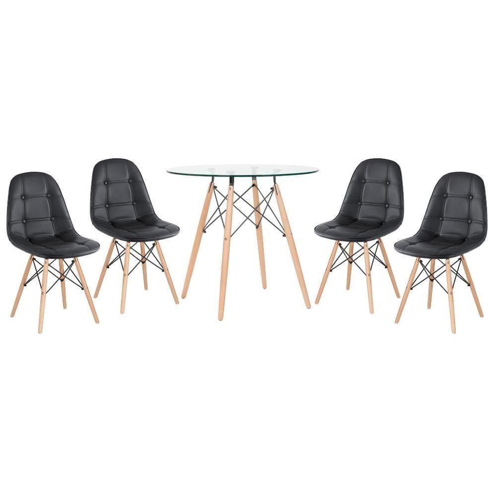 Kit - Mesa De Vidro Eames 80 Cm + 4 Cadeiras Eames Botonê Preto Preto