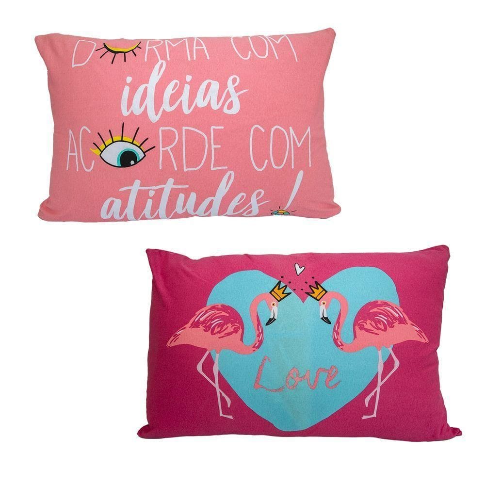 Kit Fronha Portallar Malha 100% Algodão Estampa Localizada Flamingo E Atitude (02 Unidades) Branco