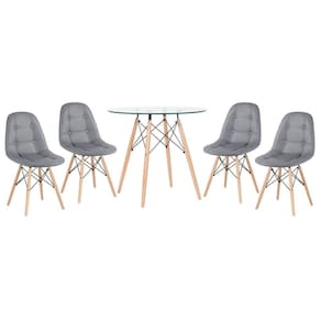 Kit - Mesa De Vidro Eames 80 Cm + 4 Cadeiras Eames Botonê Cinza Escuro Cinza-escuro