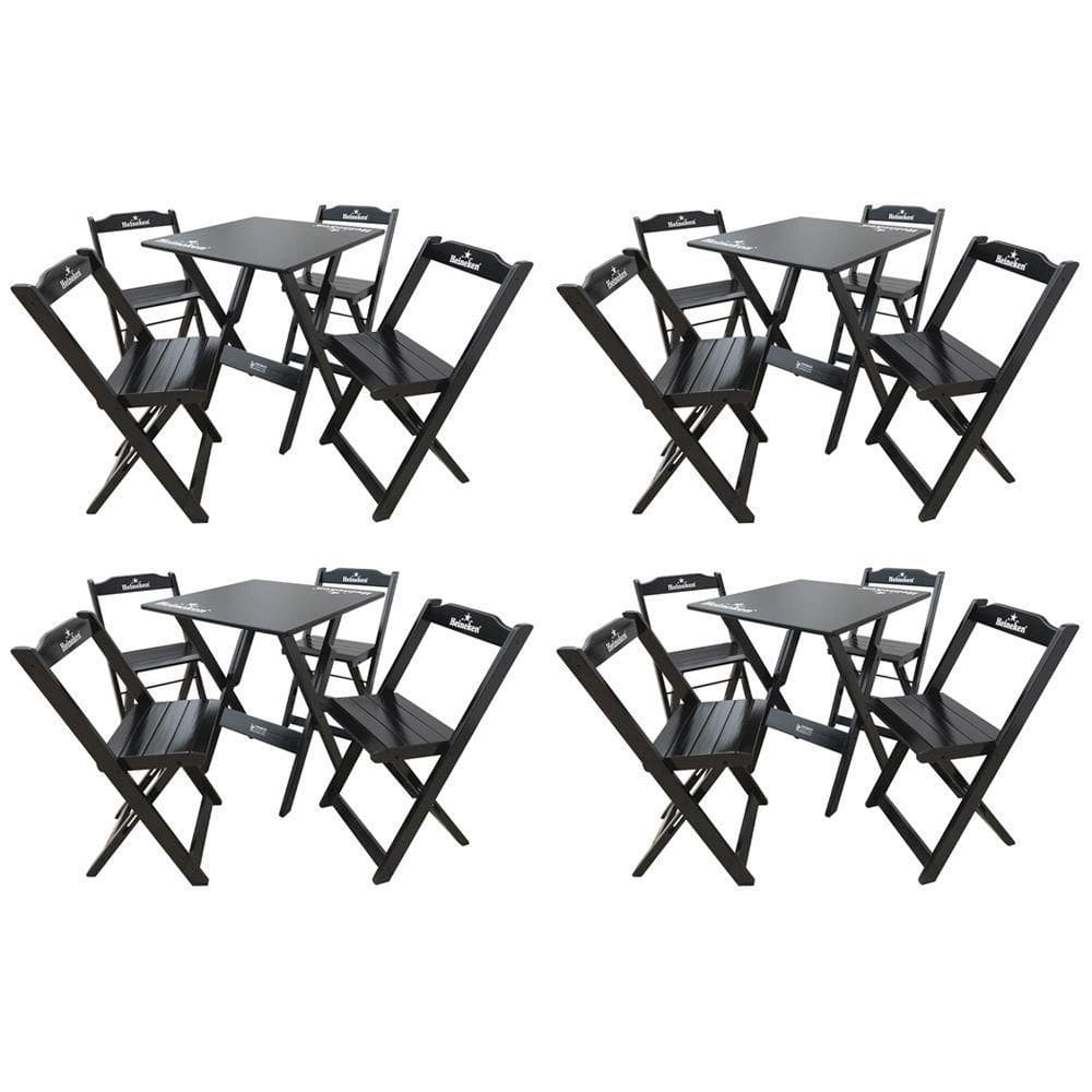 Kit 4 Conjuntos Mesa Dobrável Madeira 70x70 Com 4 Cadeiras Personalizada Hei Preta - Tarimatã