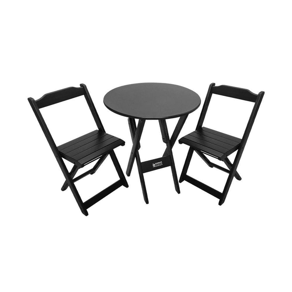Conjunto Dobrável Mesa De Madeira 70cm Redonda Com 2 Cadeiras Preta - Tarimatã